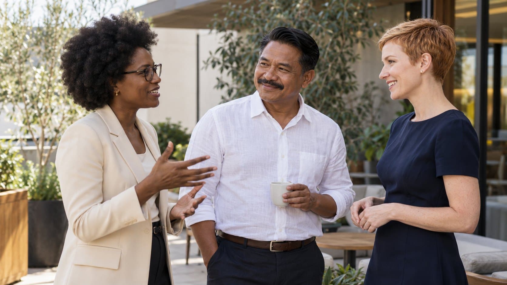 Three members in conversation over coffee on a venue terrace