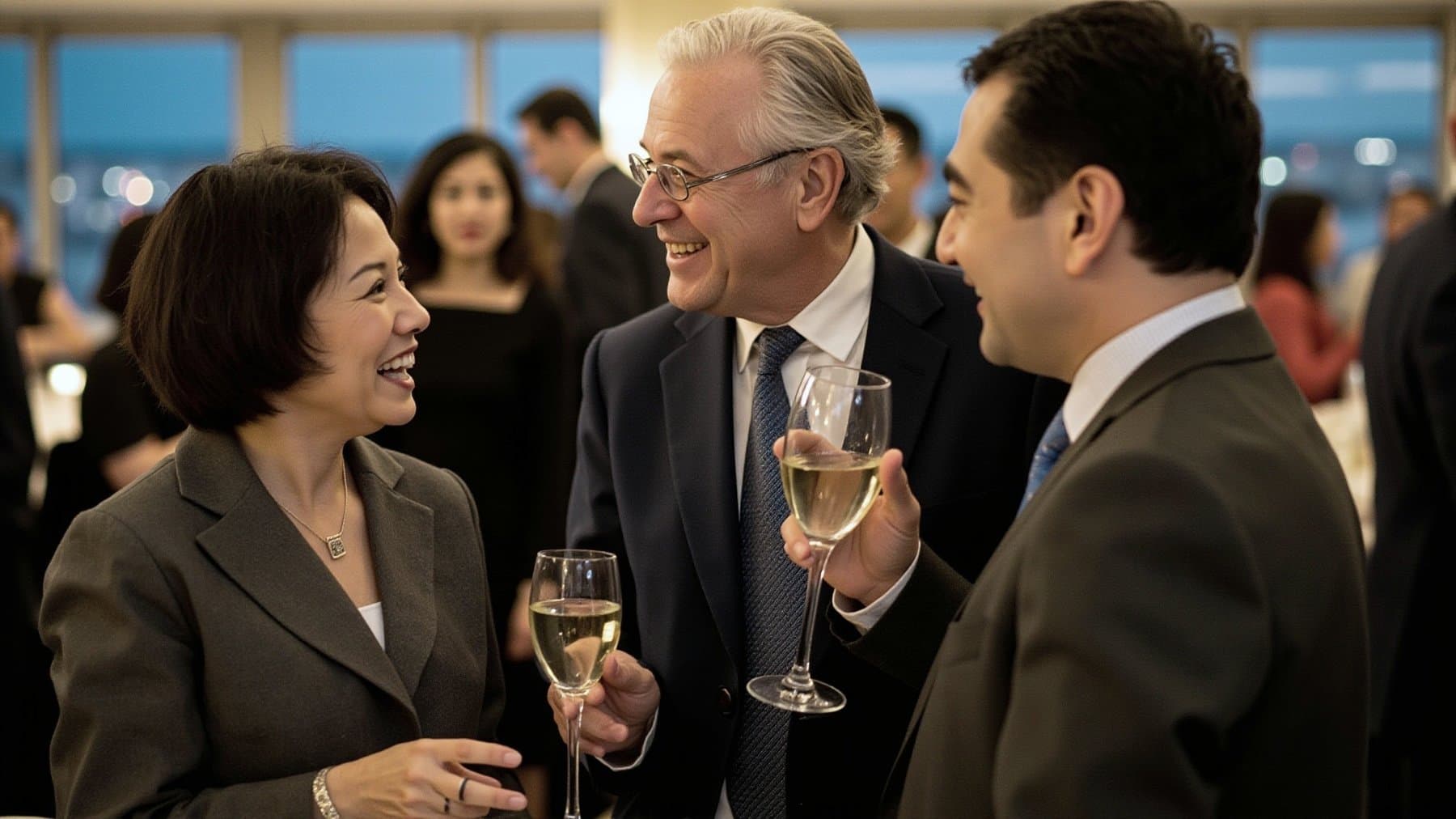 Members talking over a glass of wine at an evening chamber reception