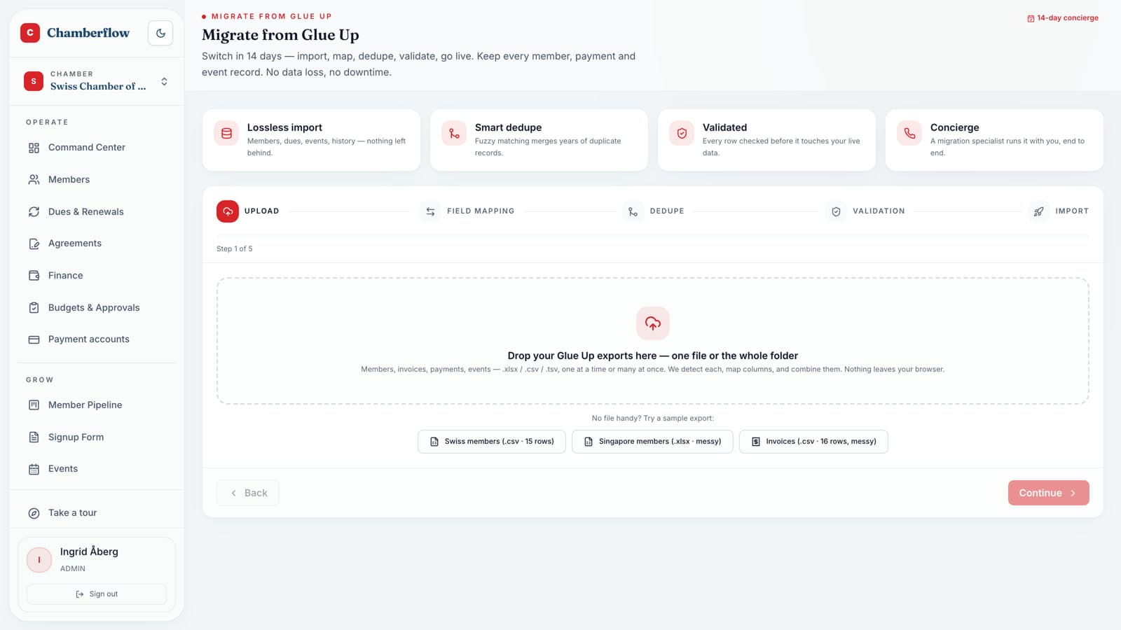 The Glue Up migration wizard: upload, map, dedupe, validate, import